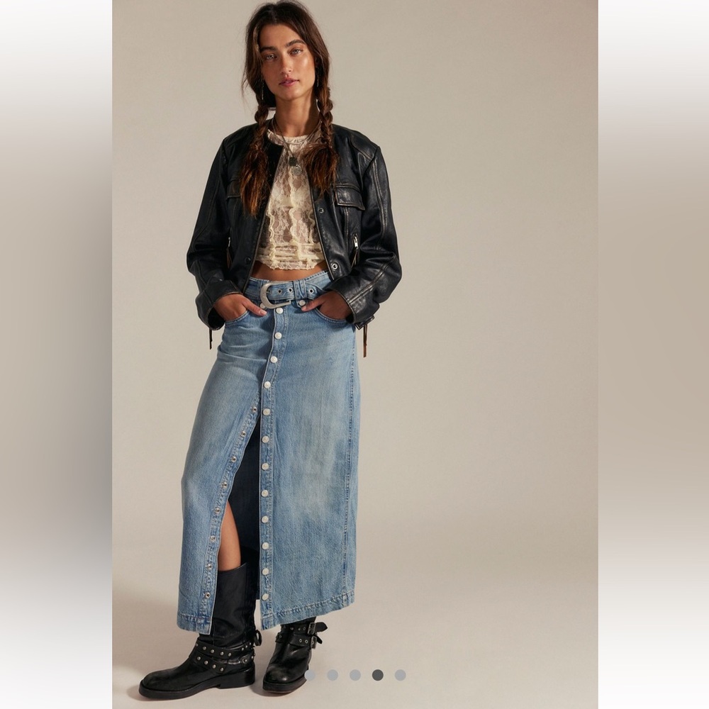 Free People Astoria Denim Maxi Skirt We The Free Belt Adjustable Dark Blue - Picture 6 of 9
